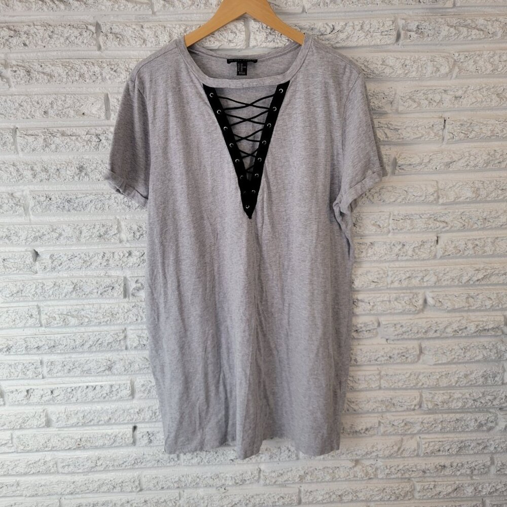 Forever 21 Womens Pajama Top 2X Plus Cuff Short Sleeve Gray Comfy Lace Up GRA32E